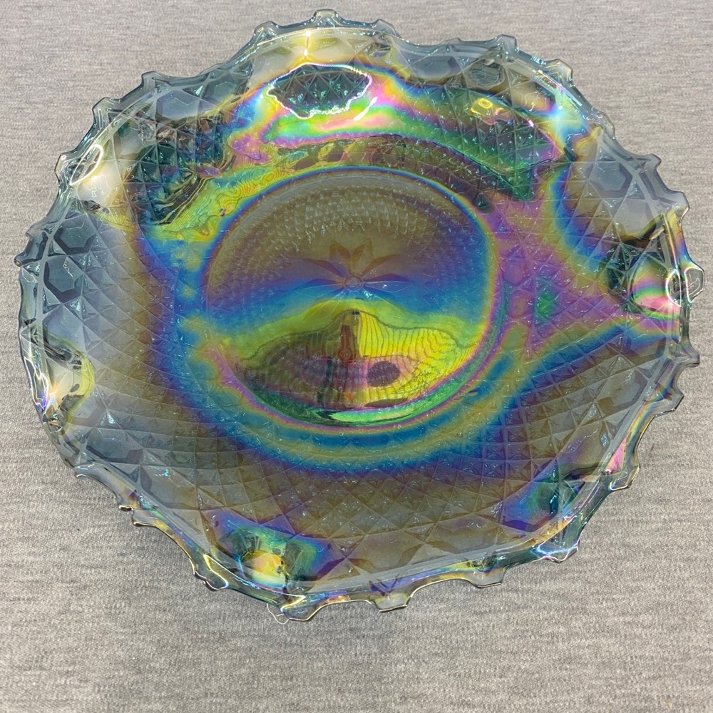 VTG Imperial Carnival Glass Plate Blue Iridescent Diamond Lace Ruffle Edge 10"